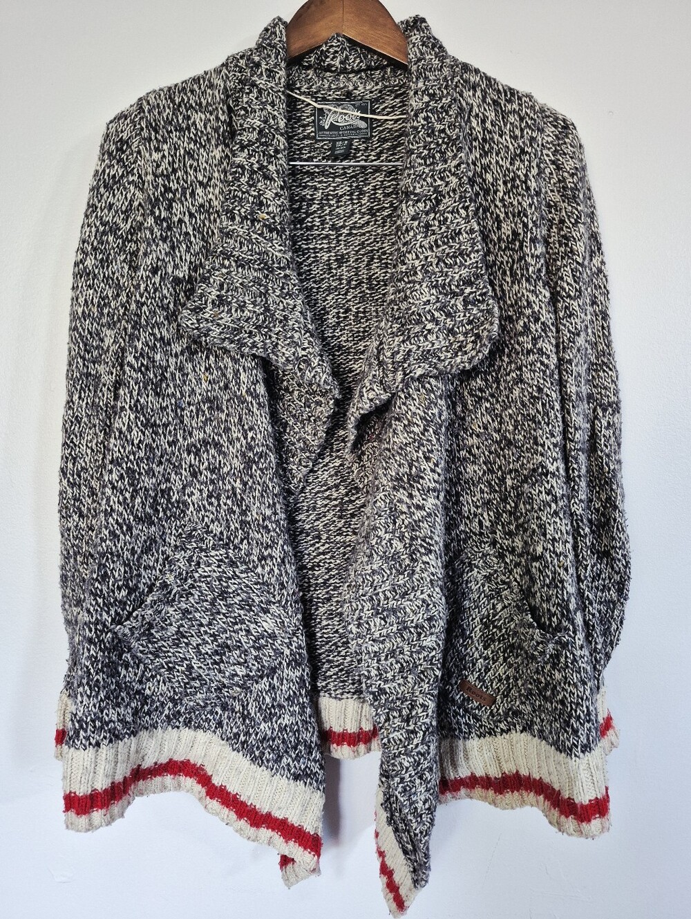 Roots Classic Drape Front Sweater Salt & Pepper Knit Pockets Generous XS